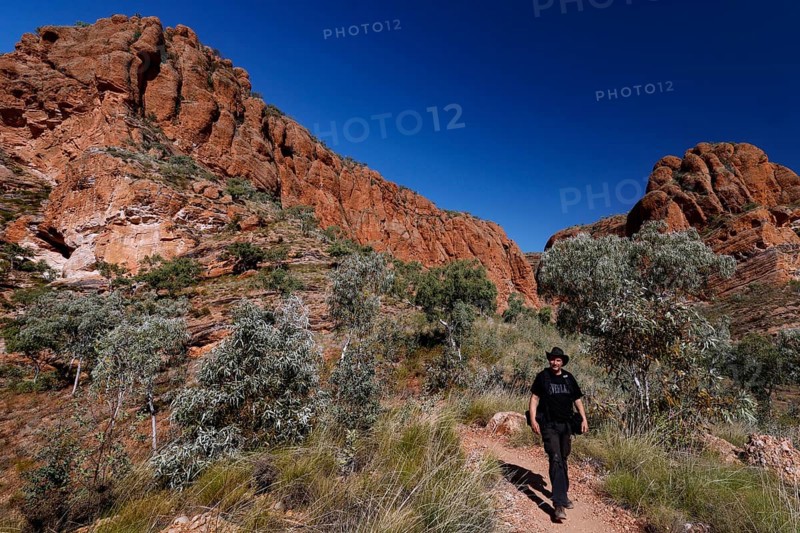 Man hiking on a trail in front of dramatic rocky landscape near Osmand Lookout, Purnululu National Park, Western Australia, Australia