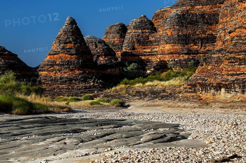Fascinating rock formations along the Piccaninny Lookout Trail under bright skies, Purnululu National Park, Western Australia, Australia