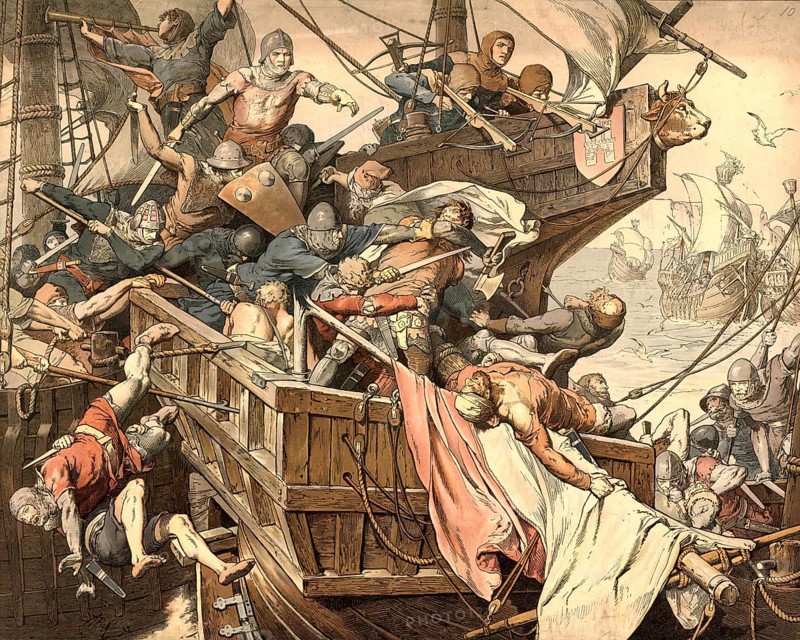 Klaus Störtebeker, a notorious pirate of the Vitalia Brothers, was allegedly captured and executed in Hamburg in 1401, school painting, authentic reproduction of a school mural, around 1911, exact date unknown, historical
