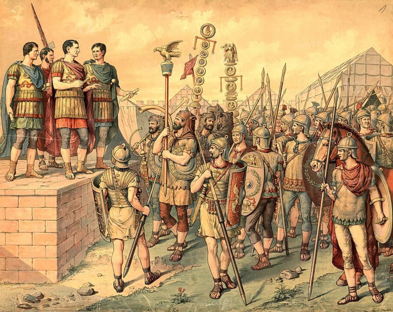 A Roman war camp, around the year 200, in Germania, school picture, authentic reproduction of a school mural, around 1911, exact date unknown, historical