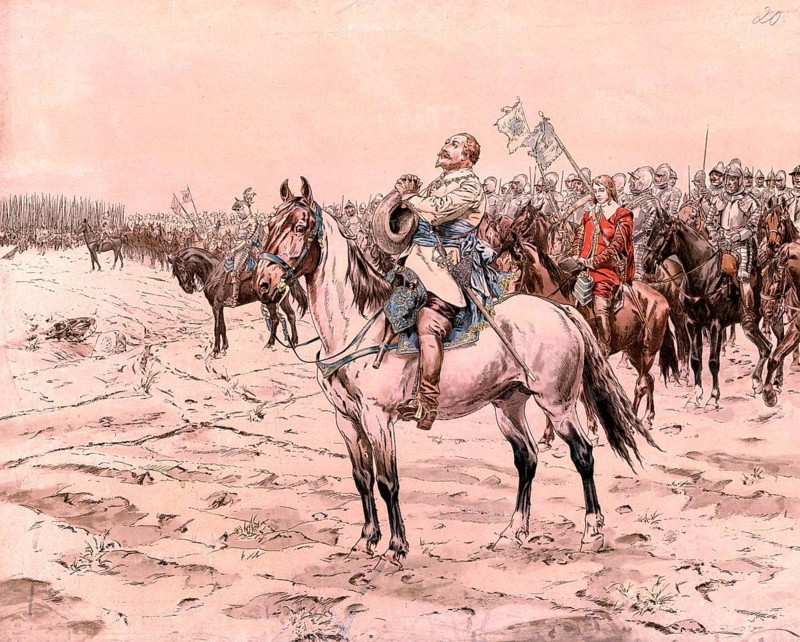 Before the Battle of Lützen on November 6, 1632, Gustav II Adolf, the Swedish king and leader of the Protestant forces in the Thirty Years' War, was ready for a decisive confrontation against the imperial troops under Albert of Wallenstein, school painting, authentic reproduction of a school mural, around 1911, exact date unknown, historical