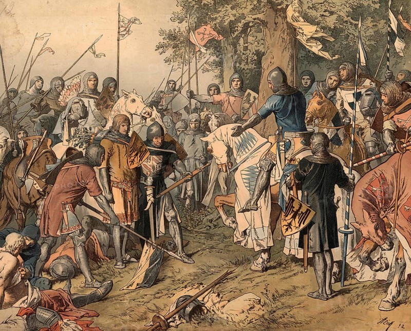 Frederick the Handsome, Frederick the Handsome, was captured in the Battle of Mühldorf, also known as Battle of Ampfing, on September 28, 1322, where he fought and lost against his rival Ludwig the Bavarian, school painting, authentic reproduction of a school mural, around 1911, exact date unknown, historical