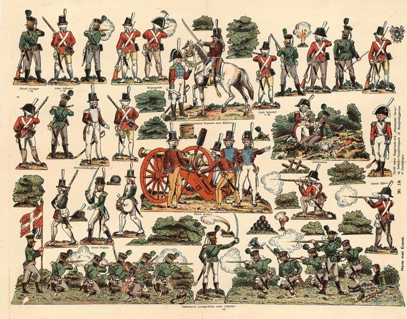 The bombing of Copenhagen in 1807, a British attack to secure the Danish fleet, involved intensive artillery shooting, including on residential areas such as in Classens Have, a suburb, to force the Danish capital to surrender, here Danish soldiers, school picture, authentic reproduction of a school mural, around 1911, exact date unknown, historical