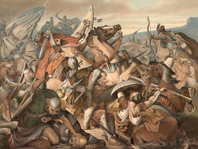 Margrave Luitpold of Bavaria fell on July 4, 907 in the crushing defeat of the Bavarian army against the Hungarians in the Battle of Pressburg, school painting, authentic reproduction of a school mural, around 1911, exact date unknown, historical