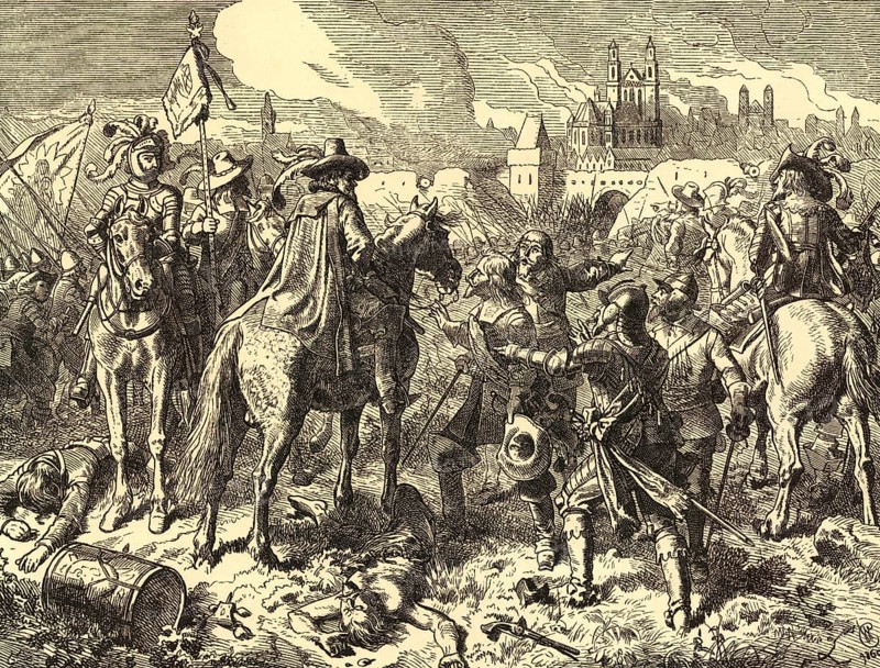 Events of the Thirty Years' War, conquest of Magdeburg by imperial troops led by Count Johann T'Serclaes von Tilly in 1631, school painting, authentic reproduction of a school mural, around 1911, exact date unknown, historical