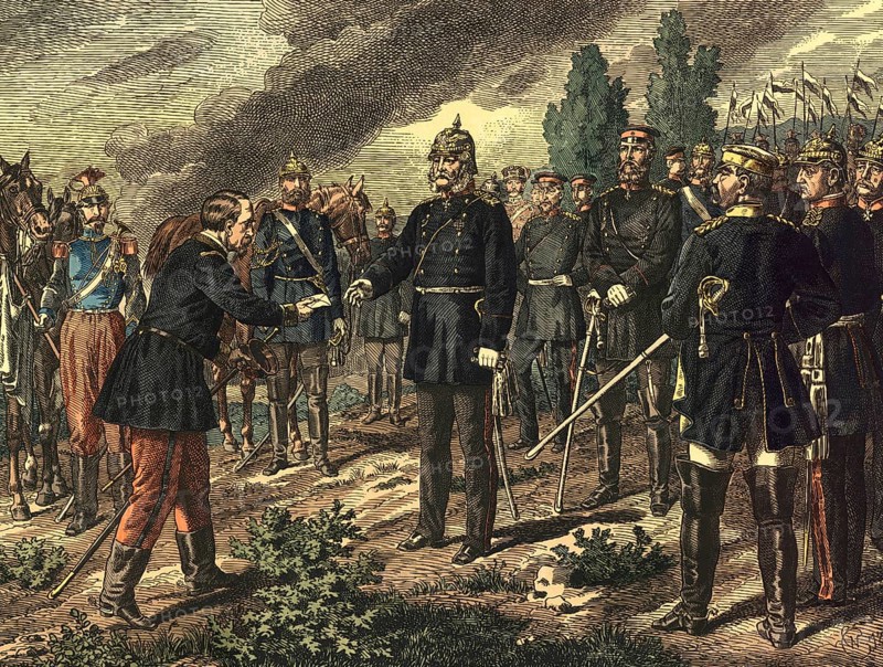 Scene during the Franco-Prussian War: General Auguste-Alexandre Reille delivered a letter from Emperor Napoleon III to King William I of Prussia near Sedan, in which he offered his unconditional surrender, school painting, authentic reproduction of a school mural, around 1911, exact date unknown, historical