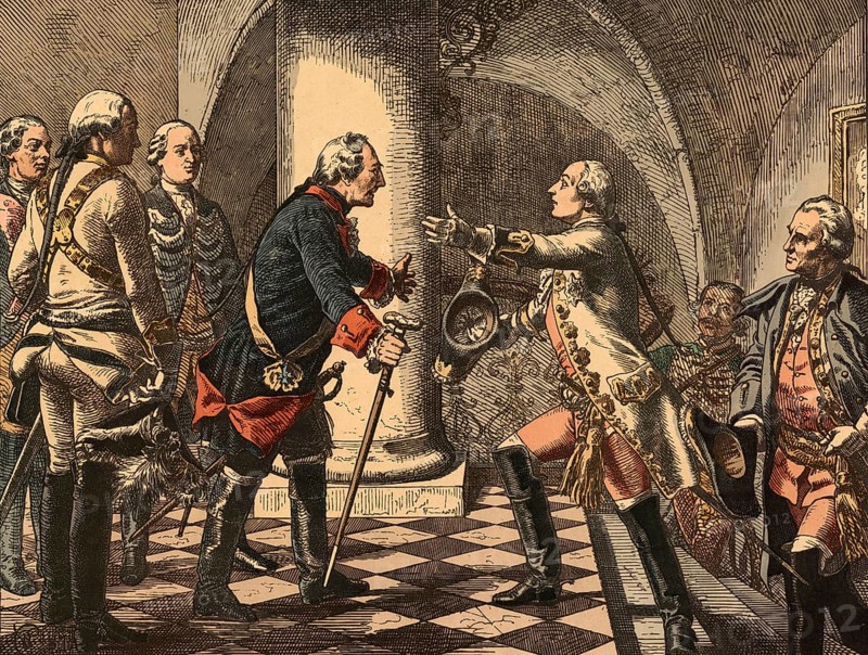 Friedrich II and Joseph II, school picture, authentic reproduction of a school mural, around 1911, exact date unknown, historical