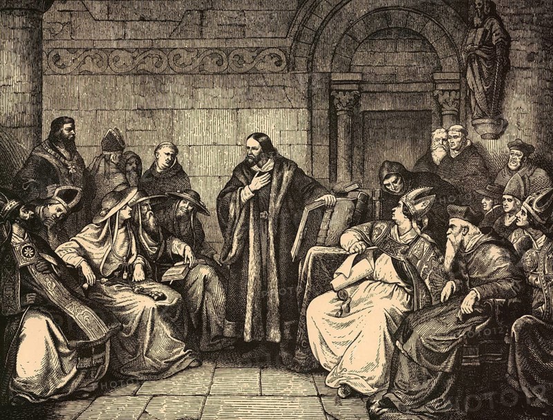 Jan Hus, the Bohemian reformer, was condemned for heresy at the Council of Constance (1414 to 1418) and burned at the stake on 6 July 1415, school picture, authentic reproduction of a school mural, around 1911, exact date unknown, Historical