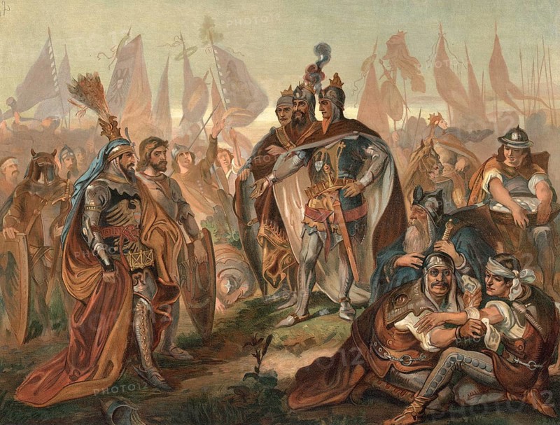 Louis the Bavarian defeated his rival Frederick the Fair of Austria in the decisive battle of Ampfing on November 9, 1322 and captured him, which confirmed his claim to the Roman-German royal throne, school painting, authentic reproduction of a school mural, around 1911, exact date unknown, historical