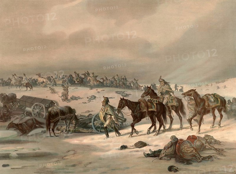 Napoleon's army retreat from Russia, 1812. Napoleon's retreat from Russia 1812 was a catastrophic defeat caused by the Russian winter, hunger, disease and partisan attacks, school picture, authentic reproduction of a school mural, around 1911, exact date unknown, historical