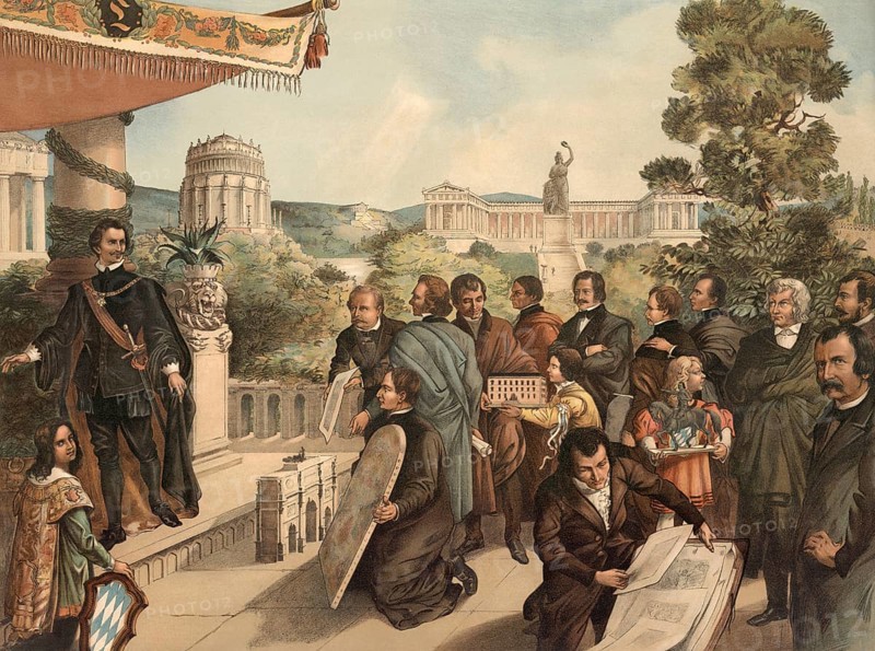 King Ludwig I of Bavaria (reigned 1825 to 1848), transformed Munich into a European metropolis of art and created important national monuments that characterised classicism in Bavaria, school picture, authentic reproduction of a school mural, around 1911, exact date unknown, Historical