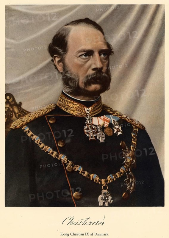 King Christian IX (1818 to 1906) was King of Denmark from 1863 until his death and founded the House of Schleswig-Holstein-Sonderburg-Glücksburg, authentic, digitally restored reproduction from a 19th century original, exact date of depiction unknown, Historical
