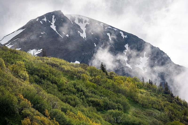 Fog sweeps around mountain peaks, Slaughter Ridge Trail, Cooper Landing, Kenai Peninsula, Alaska, USA