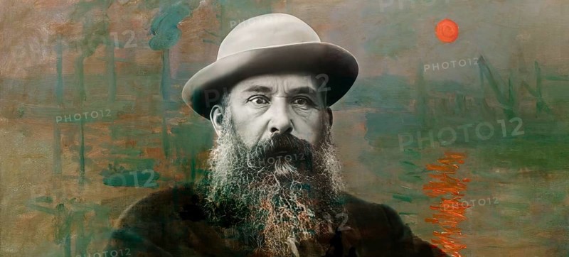 Portrait of Claude Monet, 1840 – 1926, French painter and founder of Impressionism, with his painting Impression, Soleil levant or Impression, Sunrise, 1872, in the backgroud, digitally optimized based on a photograph by Nadar, subsequently colored