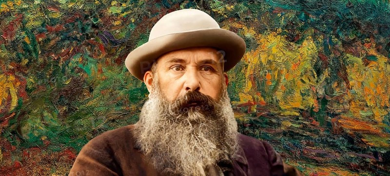 Portrait of Claude Monet, 1840 – 1926, French painter and founder of Impressionism, with his painting Le Pont japonais, the Japanese Footbridge, Giverny, 1924, garden at Giverny in the backgroud, digitally optimized based on a photograph by Nadar, subsequently colored