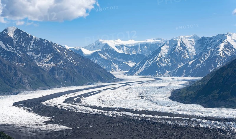 View of impressive mountain landscape with Matanuska glacier and glaciated mountain peaks, Lion's Head, Chugach Mountains, Alaska, USA