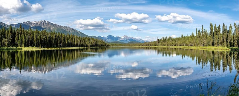 Mountains are reflected in idyllic Crystal Lake, McCarthy Highway, Wrangell St. Elias National Park, Alaska, USA