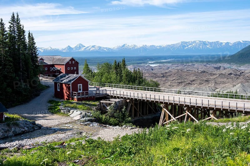 Red Kennicott Buildings in a Mountain Landscape, Historic Kennecott Copper Mine, National Historic Landmark, Wrangell St. Elias National Park, Alaska, USA