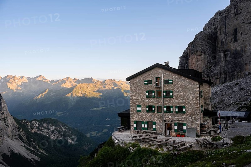Rifugio Maria E Alberto Ai Brentai mountain hut and rocky peak, Brenta, Trentino, Italy