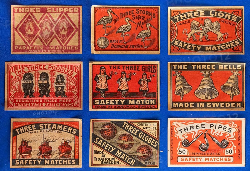 Matchboxes with old label design and different motifs, Tändsticksmuseet matchstick museum or match museum, Jönköping, Jönköpings län, Sweden