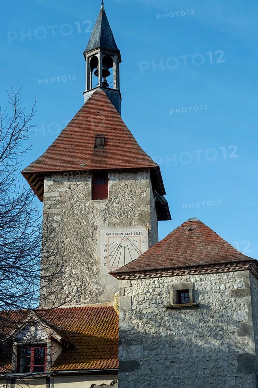 Charroux labelled The Most Beautiful Villages of France, Belfry and the door of the clock, Allier department, Auvergne-Rhone-Alpes, France