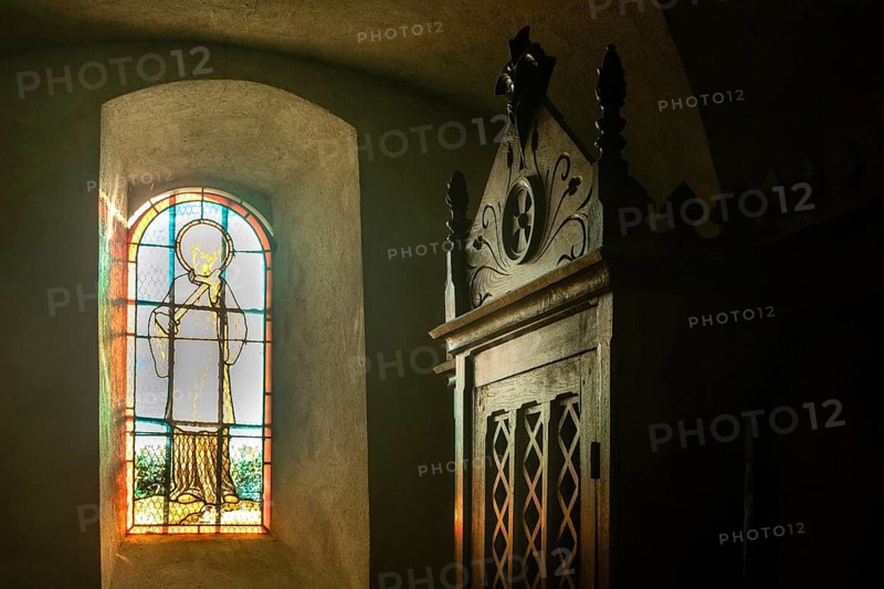 Saint Hilaire village. Natural regional park of Livradois Forez. Interior of Roman church Saint-Hilaire, Haute Loire. Auvergne Rhone Alpes. France
