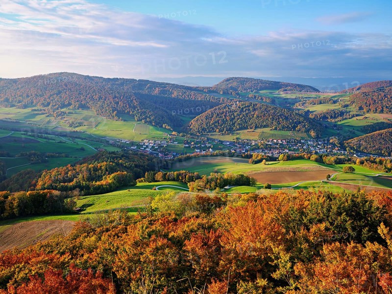 View from the Gisliflue of an autumnal forest with the Jura foothills behind, Talheim, Canton, Aargau, Switzerland