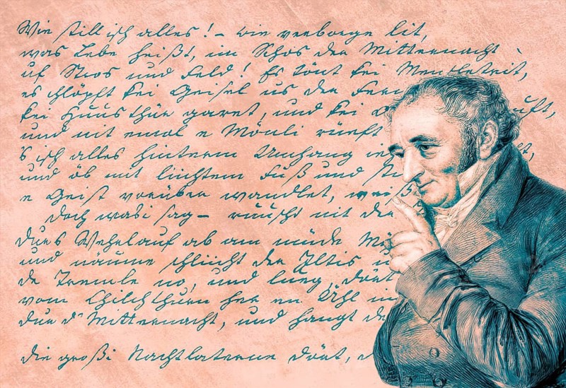Handwritten manuscript and portait of Johann Peter Hebel, 1760 - 1826, German poet, Protestant theologian and educator, Alemannic dialect poet, digitally optimized based on a painting by Carl Joseph Alois Agricola, 1814