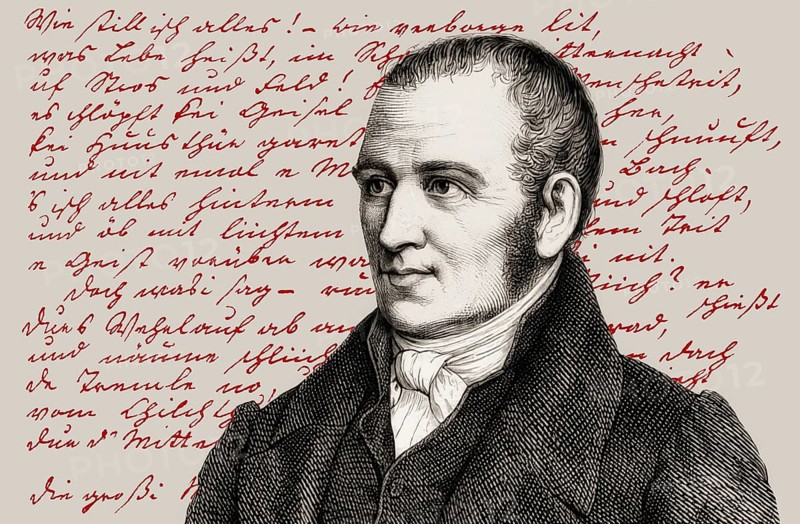 Historical manuscript with a portrait of Johann Peter Hebel, 1760 - 1826, German poet, Protestant theologian and educator, Alemannic dialect poet