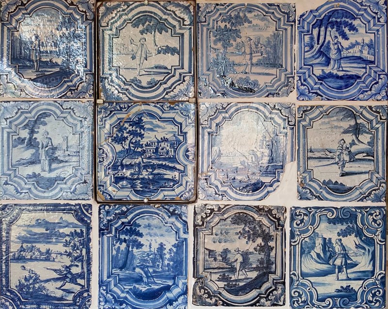 Detail, Faience tiled stove or Kachelofen from Northern Germany, ca. 1800, Keramik.um museum, an exhibition house dedicated to the history of Fredelsloh's pottery trade, Fredelsloh, Lower Saxony, Germany