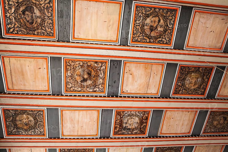 Inner view, Wood paneled ceiling with saints, Saint Giles or market church St. Aegidien, Osterode, Upper Harz region, Lower Saxony, Germany