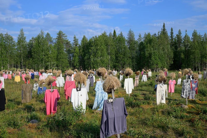 Artwork outdoor installation The silent people of Reijo Kela Straw dolls wear colorful clothes in a field at the edge of the forest, Suomussalmi, Kainuu, Finland