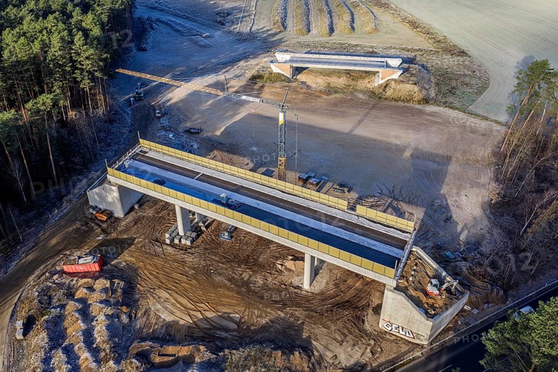 Aerial view of construction site, new bridge is build as part of bypass road, Celle, Germany