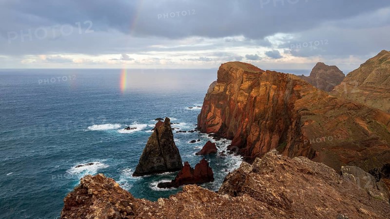 Sunset, rainbow at sea, volcanic peninsula, Ponta de São Lourenço, Ponta de Sao Lourenco, rocky coast, Punta de San Lorenzo, Madeira, Portugal
