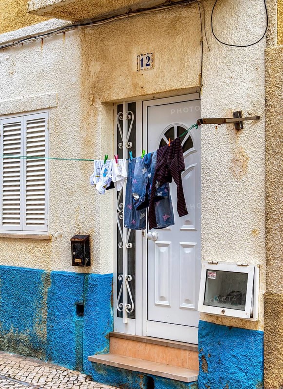 Typical Mediterranean architecture with small narrow streets and streets, Nazare, Portugal