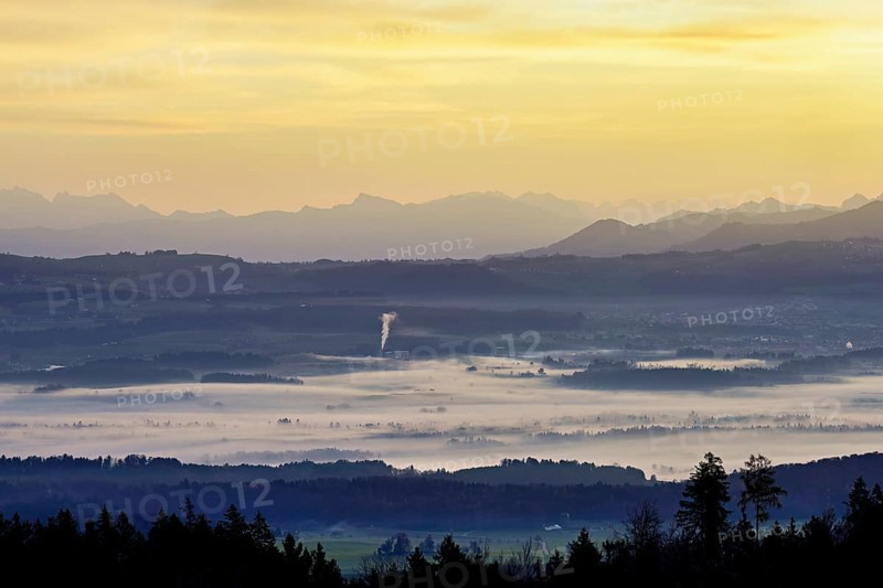 View from Horben of the Reuss Valley covered in fog, behind it the Glarus Alps in the light of the rising sun, Beinwil-Freiamt, Canton, Aargau, Switzerland