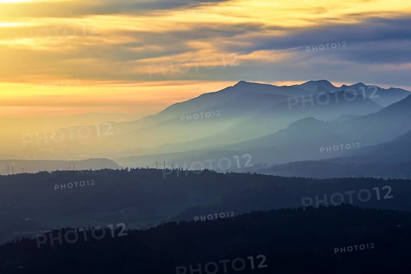 View of the Jura foothills from the Gisliflue, in the light of the setting sun, Talheim, Canton, Aargau, Switzerland