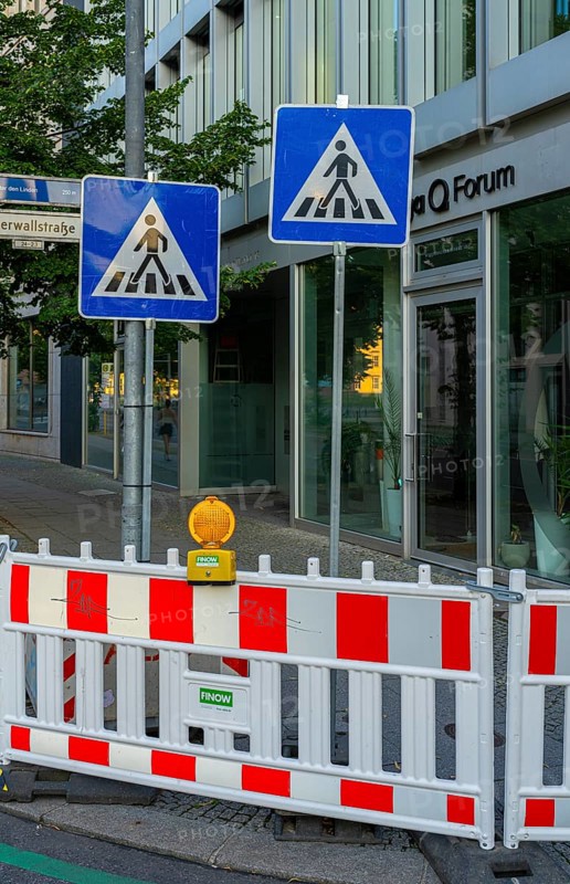 Barriers and signs with traffic signs at road construction sites in Berlin Mitte, Berlin, Germany