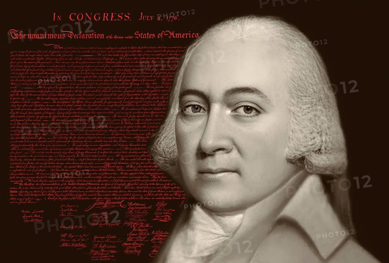 Portrait of John Adams, 1735, 1826, second President of the United States, digitally optimized, based on a painting by James Sharples, in the background the Declaration of Independence of the thirteen united States of America, July 4, 1776