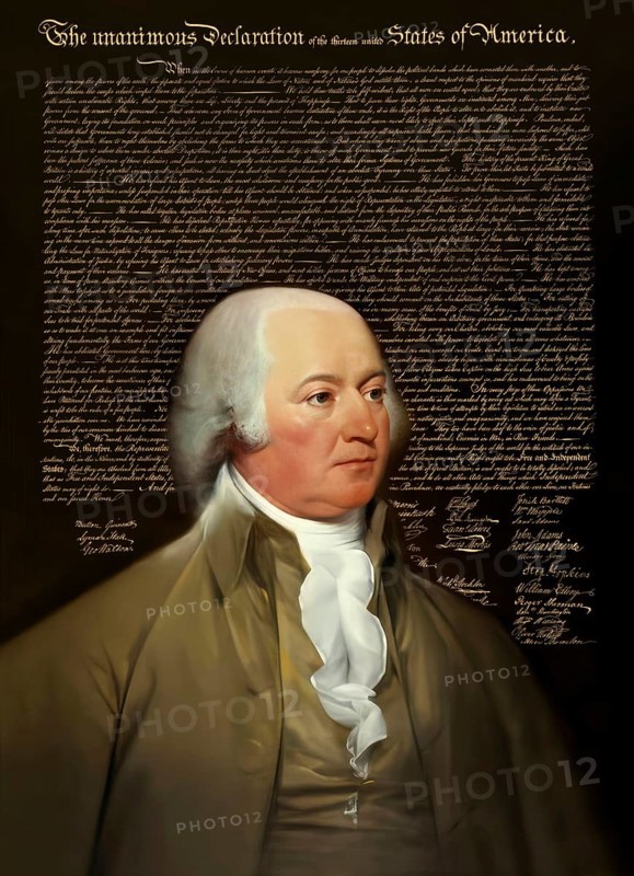 Portrait of John Adams, 1735, 1826, second President of the United States, digitally optimized, based on a painting by John Trumbull, in the background the Declaration of Independence of the thirteen united States of America, July 4, 1776