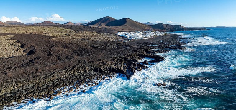 Coastal village fishing village El Golfo, volcanic landscape, coastal landscape, aerial view, Lanzarote, Canary Islands, Spain