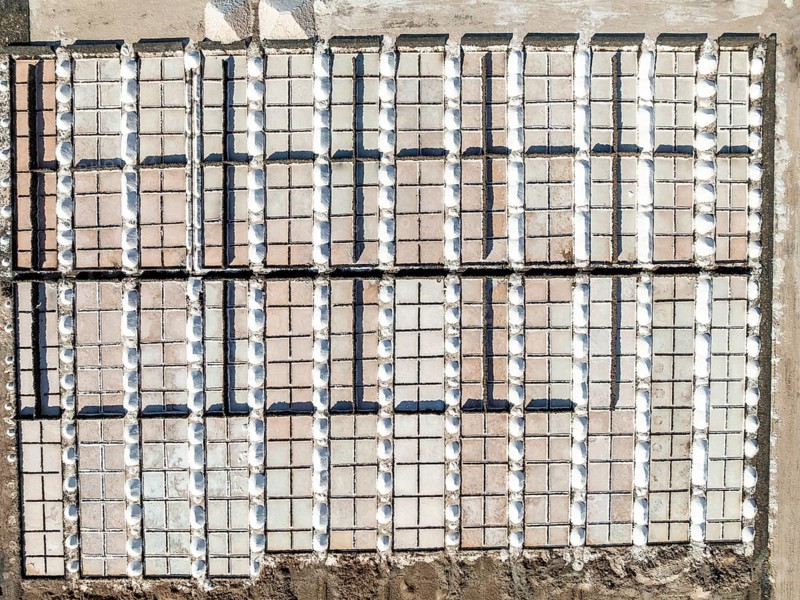 Salt mining plant, Salinas de Janubio, top-down, near Yaiza, drone shot, Lanzarote, Canary Islands, Spain