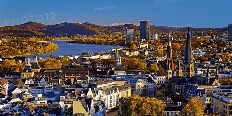 Autumn panoramic view from the town house of Bonn Minster, the Post Tower, the Rhine and the Siebengebirge, Bonn, North Rhine-Westphalia, Germany