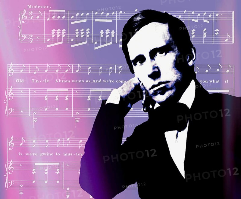 Portrait of Stephen Collins Foster with the sheet music of his minstrel song A soldier in the colored brigade, digitally edited