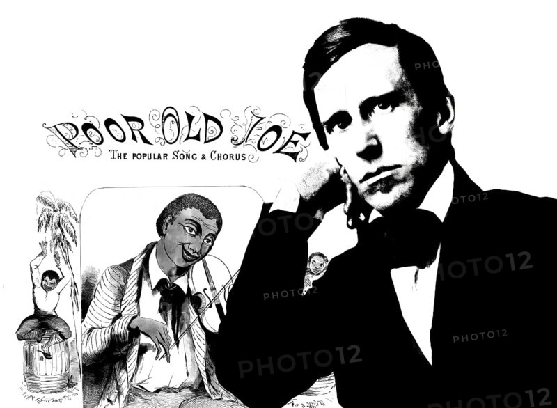 Portrait of Stephen Collins Foster with the cover of his minstrel song Poor old Joe, digitally edited