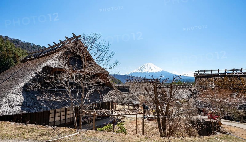 Iyashinosato open-air museum, old Japanese village with traditional houses, at the back volcano Mt. Fuji, Fujikawaguchiko, Saiko, Japón