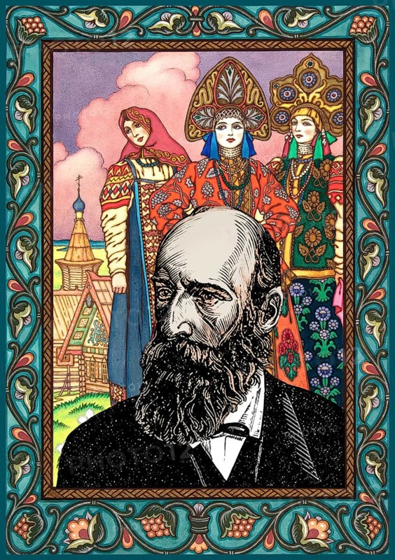 Portrait of Alexander Nikolayevich Afanasyev, 1826 – 1871, Russian Slavist, folklorist, literary critic and ethnographer, best known for publishing East Slavic and Russian fairy and folk tales, illustration by Boris Wassiljewitsch Sworykin, Wassilissa or Vasilisa the Beautiful, a Russian fairy tale collected by Alexander Afanasyev in Narodnye russkie skazki