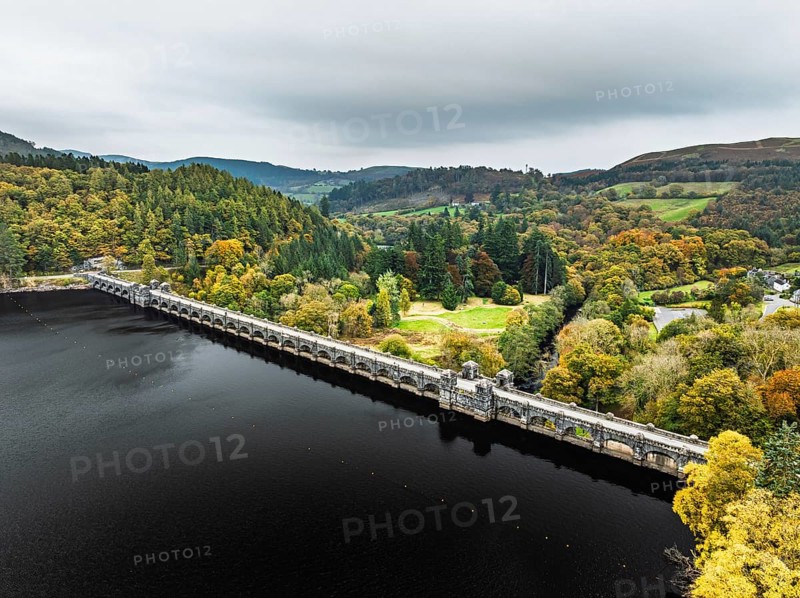 Llyn Brianne Dam and Reservoir from a drone, Lake Vyrnwy, Powys, Wales, England, United Kingdom