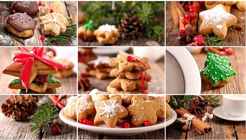 Collage of Christmas cookies and sweets, variation of sweet desserts, lots of unhealthy calories, soft golden light, festive wallpaper background, AI generated