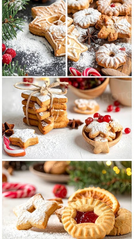 Collage of Christmas cookies and sweets, variation of sweet desserts, lots of unhealthy calories, soft golden light, festive wallpaper background, AI generated